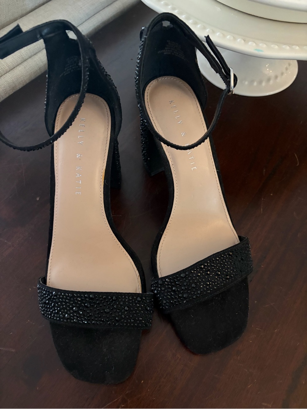 Kelly & Katie Black Ankle Strap Block Heels with Rhinestone Detail